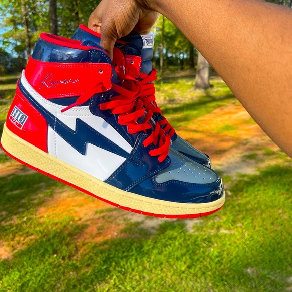 Kool Kiy Jordan 1 Custom Shoes (Red / Blue / White / Cream Grey)(Size 13) - Picture 3 of 12